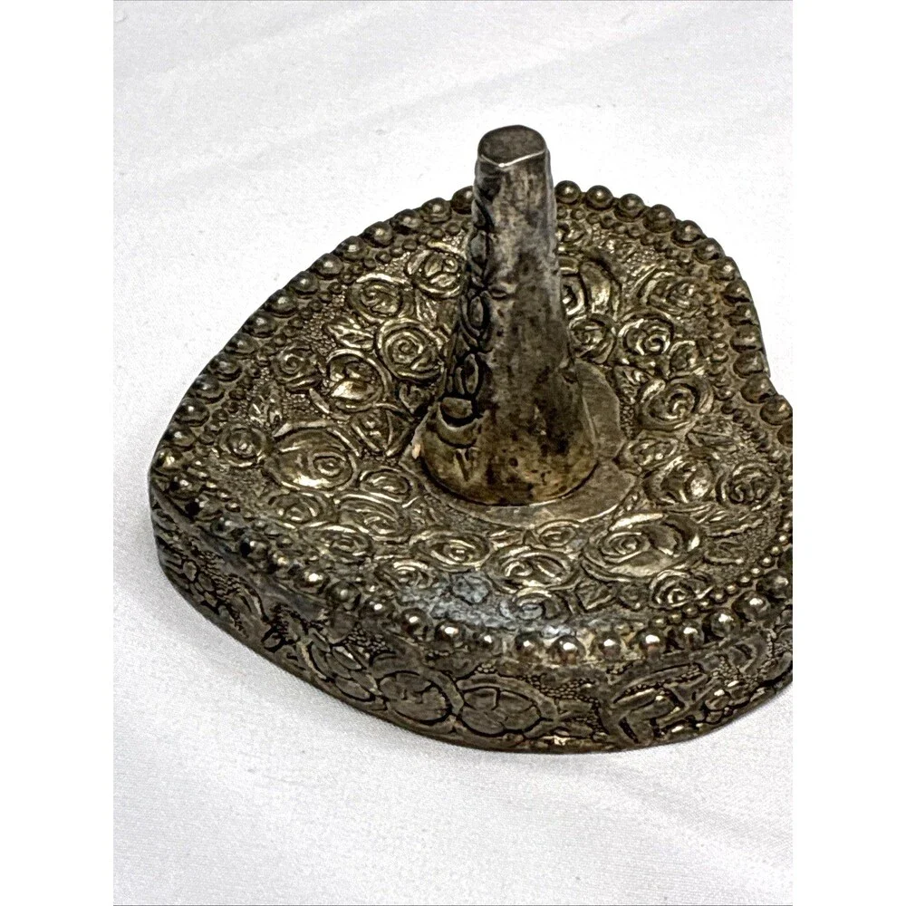Heart Shaped Ornate Ring Holder Dish Silver Plated Vintage Patina Victorian Rose